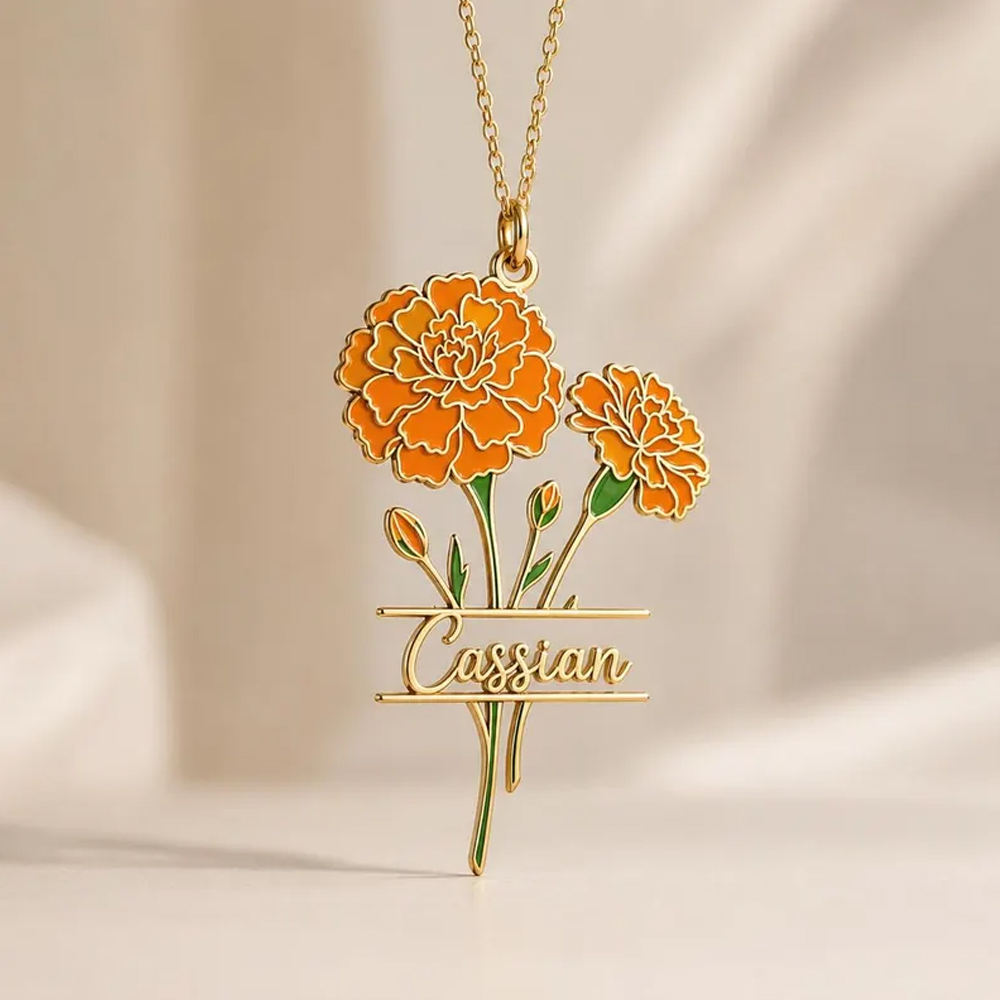 Birth Flower Necklace - Naszyjnik z imieniem i kwiatem urodzenia,